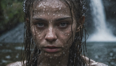 1girl, solo, long hair, looking at viewer, black hair, closed mouth, outdoors, blurry, black eyes, lips, wet, blurry background, portrait, close-up, rain, realistic, nose, wet hair