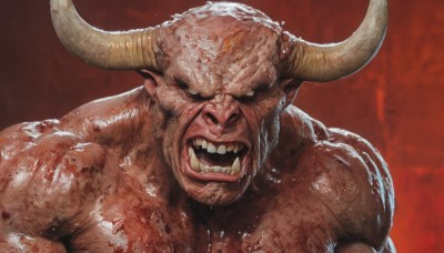 solo,looking at viewer,open mouth,1boy,upper body,male focus,horns,teeth,pointy ears,blood,muscular,colored skin,fangs,red background,veins,realistic,bald,tongue,shiny,tongue out,shiny skin,muscular male,portrait,no pupils,tusks