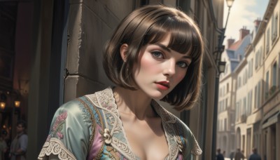 1girl,solo,breasts,looking at viewer,blush,short hair,bangs,blue eyes,brown hair,cleavage,jewelry,medium breasts,collarbone,upper body,earrings,outdoors,parted lips,multiple boys,sky,teeth,solo focus,day,shiny,blurry,lips,eyelashes,makeup,bob cut,thick eyebrows,lipstick,building,freckles,city,realistic,nose,red lips,stud earrings,crowd,blunt bangs,blue sky,mascara,town,people