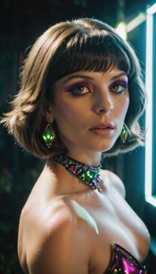 1girl,solo,breasts,looking at viewer,short hair,bangs,brown hair,black hair,cleavage,bare shoulders,brown eyes,jewelry,medium breasts,green eyes,collarbone,upper body,earrings,parted lips,choker,dark-skinned female,lips,eyelashes,strapless,makeup,lipstick,gem,eyeshadow,freckles,realistic,nose,mascara,small breasts,teeth,artist name,blurry,from side,bodysuit,watermark,eyeliner,superhero