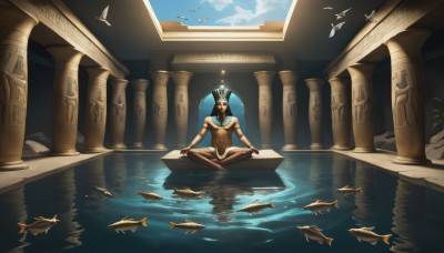 solo,black hair,1boy,jewelry,sitting,male focus,outdoors,sky,barefoot,day,cloud,dark skin,water,bracelet,muscular,bird,animal,crown,scenery,armlet,fish,topless male,headdress,indian style,pillar,egyptian,egyptian clothes,column,closed eyes,blue sky,rock,statue