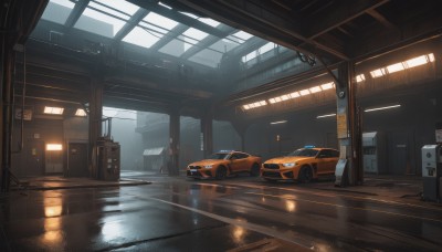 indoors,water,no humans,window,ground vehicle,scenery,motor vehicle,reflection,rain,sign,door,car,light,cable,vehicle focus,puddle,train,train station,reflective floor,truck,wooden floor,sports car