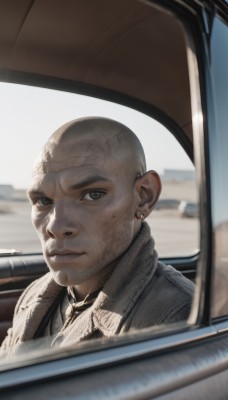 solo,looking at viewer,smile,shirt,1boy,jewelry,closed mouth,jacket,male focus,earrings,necktie,mole,blurry,black eyes,grey eyes,mole under eye,blurry background,facial hair,ground vehicle,portrait,motor vehicle,realistic,car,bald,old,old man,driving,car interior,wrinkled skin,brown eyes,sweat,day,collared shirt,thick eyebrows,steering wheel