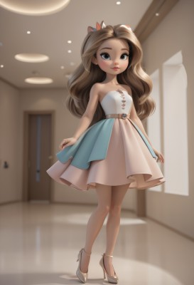 1girl,solo,long hair,breasts,looking at viewer,blush,smile,brown hair,dress,bow,bare shoulders,brown eyes,jewelry,closed mouth,standing,collarbone,full body,hair bow,small breasts,shoes,belt,artist name,indoors,white dress,blurry,high heels,lips,see-through,bare arms,window,strapless,makeup,depth of field,blurry background,white footwear,strapless dress,forehead,arms at sides,red lips,hallway,hair ornament,pantyhose,child,female child