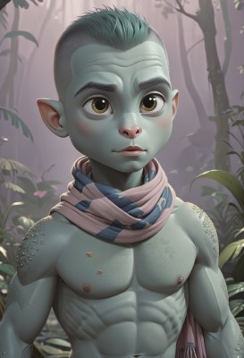 solo,looking at viewer,blush,short hair,1boy,navel,brown eyes,closed mouth,nipples,upper body,male focus,outdoors,green hair,pointy ears,artist name,scarf,tree,muscular,colored skin,abs,pectorals,plant,muscular male,nature,bara,forest,topless male,realistic,scales,male child,green skin,grey skin,monster boy,mohawk,yellow eyes,lips,leaf