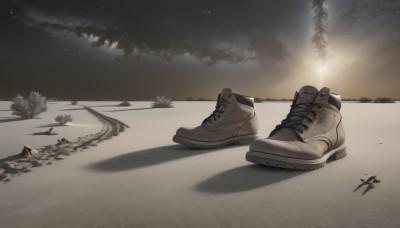 monochrome,boots,outdoors,sky,shoes,signature,tree,no humans,night,shadow,sneakers,star (sky),night sky,scenery,smoke,starry sky,sand,footprints,cloud,water,star (symbol),beach,brown footwear,snow,cross-laced footwear,winter,shore,still life