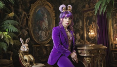 1girl,solo,long hair,breasts,looking at viewer,bangs,shirt,hair ornament,long sleeves,cleavage,jewelry,medium breasts,sitting,closed mouth,standing,purple eyes,jacket,purple hair,cowboy shot,earrings,frills,parted lips,open clothes,pants,indoors,blunt bangs,necklace,open jacket,lips,fingernails,eyelashes,makeup,animal,leaf,chair,formal,ring,own hands together,suit,crown,plant,lipstick,curtains,pendant,hair rings,watch,rabbit,mirror,purple shirt,red lips,potted plant,purple jacket,picture frame,pearl necklace,painting (object),purple pants,deer,portrait (object),multicolored hair,mole,tree,mole under mouth,curly hair,statue