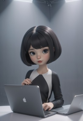 1girl,solo,looking at viewer,smile,short hair,bangs,shirt,black hair,long sleeves,closed mouth,upper body,small breasts,artist name,indoors,nail polish,black eyes,lips,fingernails,black shirt,eyelashes,makeup,piercing,bob cut,black nails,computer,laptop,blush,lipstick,child,nose,red lips,female child