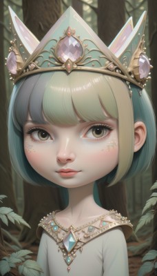 1girl,solo,looking at viewer,short hair,bangs,animal ears,brown eyes,jewelry,closed mouth,collarbone,yellow eyes,upper body,multicolored hair,outdoors,green hair,shiny,blunt bangs,necklace,blurry,tree,lips,eyelashes,aqua hair,makeup,blurry background,leaf,bob cut,crown,gem,portrait,nature,forest,blonde hair,plant,child,freckles,realistic,nose