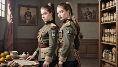 long hair,looking at viewer,blue eyes,multiple girls,brown hair,long sleeves,2girls,brown eyes,closed mouth,standing,jacket,ponytail,weapon,food,belt,pants,sword,indoors,uniform,cup,lips,gun,military,window,military uniform,fruit,table,curtains,sheath,epaulettes,teacup,sheathed,realistic,teapot,tea,jar,medal,soldier,bottle,high ponytail,shelf,painting (object),portrait (object)