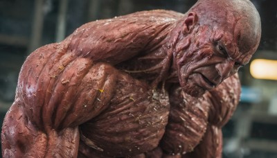 solo,1boy,closed mouth,upper body,male focus,dark skin,blurry,wet,muscular,blurry background,dark-skinned male,muscular male,veins,topless male,realistic,bald,manly,veiny arms,blood,scar