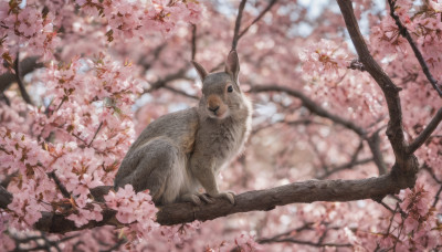 outdoors, day, blurry, tree, no humans, depth of field, blurry background, animal, cherry blossoms, realistic, branch, animal focus, spring (season)