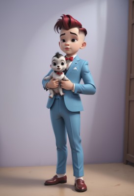 solo,short hair,brown hair,1boy,bow,holding,brown eyes,standing,jacket,full body,white shirt,male focus,red hair,multicolored hair,shoes,pants,indoors,bowtie,black eyes,red bow,two-tone hair,brown footwear,stuffed toy,formal,stuffed animal,suit,blue jacket,red bowtie,doll,door,blue pants,character doll,male child,traditional bowtie,looking at viewer,smile,black hair,long sleeves,socks,undercut,mohawk,holding doll