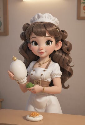 1girl,solo,long hair,looking at viewer,smile,brown hair,hair ornament,hat,dress,holding,brown eyes,jewelry,short sleeves,earrings,food,puffy sleeves,indoors,necklace,white dress,bracelet,puffy short sleeves,lips,maid headdress,white headwear,table,child,plate,freckles,curly hair,blush,bangs,fruit