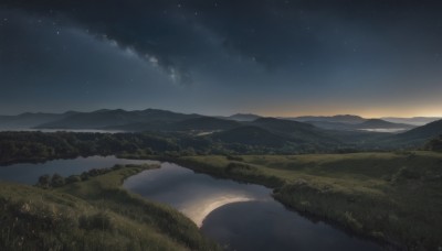 outdoors,sky,cloud,water,tree,no humans,night,grass,star (sky),nature,night sky,scenery,forest,starry sky,reflection,mountain,river,landscape,mountainous horizon,lake,hill,ocean,cloudy sky,sunset,horizon