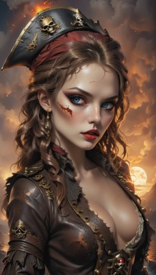 1girl,solo,long hair,breasts,looking at viewer,blush,blue eyes,brown hair,hat,cleavage,jewelry,medium breasts,underwear,collarbone,upper body,earrings,parted lips,open clothes,sky,shiny,artist name,cloud,signature,bra,mole,lips,shiny skin,eyelashes,mole under eye,black headwear,makeup,wavy hair,scar,cloudy sky,fire,lipstick,gem,scar on face,forehead,eyeshadow,smoke,freckles,curly hair,skull,nose,scar across eye,sun,red lips,eyeliner,pirate hat,mascara,pirate,tricorne,jacket,braid,torn clothes,blood,facial mark,sunset,blood on face,facepaint,burning