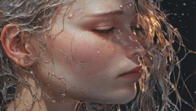 1girl,solo,long hair,blonde hair,brown hair,jewelry,closed mouth,closed eyes,earrings,water,mole,lips,wet,eyelashes,piercing,black background,portrait,close-up,freckles,realistic,nose,simple background,light particles,water drop