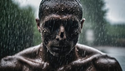 solo,1boy,upper body,male focus,outdoors,water,blurry,tree,wet,no humans,blurry background,science fiction,rain,monster,realistic,alien,depth of field,helmet,portrait,bald