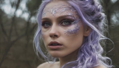 1girl,solo,long hair,looking at viewer,green eyes,purple hair,parted lips,teeth,blurry,tree,lips,grey eyes,eyelashes,blurry background,portrait,nature,close-up,realistic,nose,circlet