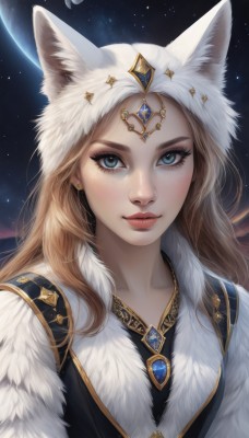 1girl,solo,long hair,looking at viewer,smile,blue eyes,blonde hair,animal ears,jewelry,closed mouth,upper body,earrings,sky,artist name,star (symbol),lips,fur trim,fox ears,eyelashes,makeup,bug,gem,portrait,star (sky),eyeshadow,starry sky,freckles,realistic,nose,red lips,space,ears through headwear,fur,brown hair,hat,hood,necklace,watermark,moon,wolf ears,web address,circlet,mascara