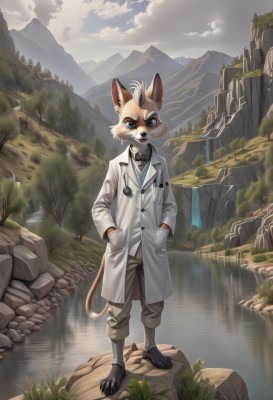 solo,looking at viewer,blue eyes,shirt,1boy,bow,animal ears,standing,tail,full body,male focus,outdoors,sky,barefoot,day,pants,cloud,water,tree,watermark,cloudy sky,grass,nature,scenery,furry,rock,mountain,hands in pockets,labcoat,furry male,river,waterfall,lake,stethoscope,doctor,open mouth,flower,teeth,artist name,white coat,body fur,white fur,cliff