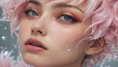 1girl,solo,looking at viewer,short hair,open mouth,bangs,blue eyes,pink hair,white hair,parted lips,teeth,blurry,lips,grey eyes,eyelashes,blurry background,portrait,close-up,freckles,realistic,nose,water drop