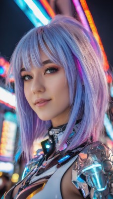 1girl,solo,breasts,looking at viewer,smile,short hair,bangs,animal ears,medium breasts,blue hair,upper body,pink hair,purple hair,white hair,multicolored hair,parted lips,artist name,medium hair,blurry,black eyes,two-tone hair,lips,streaked hair,grey eyes,clothing cutout,bodysuit,makeup,blurry background,science fiction,realistic,nose,mechanical arms,cyborg,cyberpunk,long hair,blue eyes,choker,armor,from side,looking to the side,eyelashes,glowing,portrait,close-up,neon lights