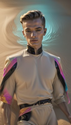 1girl,solo,looking at viewer,short hair,brown hair,shirt,black hair,brown eyes,jewelry,white shirt,earrings,parted lips,belt,pants,dark skin,dark-skinned female,lips,science fiction,black belt,realistic,white pants,nose,smile,1boy,standing,upper body,male focus,dark-skinned male