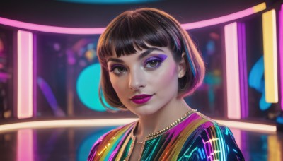 1girl,solo,looking at viewer,smile,short hair,bangs,brown hair,black hair,brown eyes,jewelry,closed mouth,upper body,multicolored hair,earrings,necklace,blurry,lips,eyelashes,makeup,blurry background,bob cut,thick eyebrows,lipstick,portrait,eyeshadow,freckles,nose,eyeliner,purple lips,mascara,parted lips,blunt bangs,bag,backpack,light smile,pink lips,realistic,neon lights