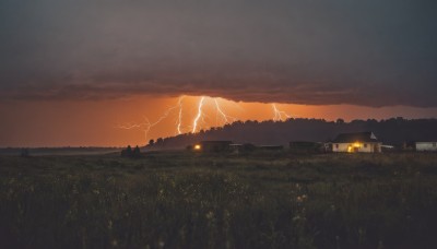 outdoors,sky,cloud,no humans,cloudy sky,grass,fire,building,scenery,sunset,electricity,field,house,lightning,hill,flower,tree,nature,mountain,dark,evening,landscape