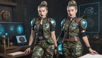 breasts,looking at viewer,short hair,multiple girls,brown hair,shirt,holding,2girls,brown eyes,jewelry,medium breasts,jacket,weapon,earrings,open clothes,belt,pants,hair bun,nail polish,holding weapon,armor,uniform,bracelet,lips,gun,book,military,black shirt,military uniform,makeup,single hair bun,lipstick,holding gun,desk,handgun,dual persona,sleeves rolled up,science fiction,watch,red lips,camouflage,hair pulled back,topknot,map,camouflage jacket,camouflage pants,hair ornament,phone,realistic,hair behind ear,cable,jumpsuit