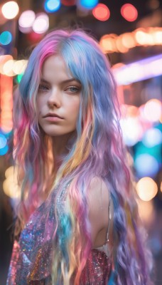 1girl,solo,long hair,looking at viewer,blue eyes,blonde hair,dress,bare shoulders,closed mouth,blue hair,upper body,pink hair,multicolored hair,blurry,two-tone hair,lips,makeup,depth of field,blurry background,watermark,wavy hair,web address,freckles,realistic,nose,bokeh,artist name,from side,looking to the side,eyelashes,gradient hair