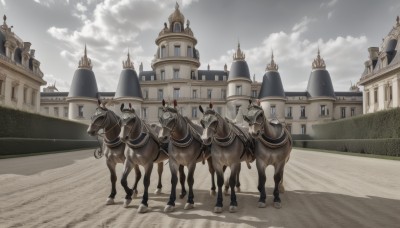 weapon,outdoors,sky,day,cloud,armor,blue sky,no humans,shadow,animal,helmet,cloudy sky,grass,building,scenery,road,riding,horse,castle,horseback riding,sunlight,fantasy,flag,architecture