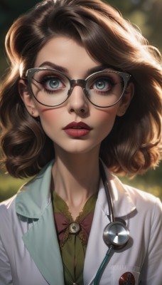 1girl,solo,looking at viewer,short hair,blue eyes,brown hair,shirt,bow,jewelry,closed mouth,green eyes,upper body,earrings,glasses,artist name,bowtie,medium hair,blurry,lips,eyelashes,makeup,blurry background,watermark,piercing,lipstick,web address,freckles,black-framed eyewear,curly hair,realistic,nose,round eyewear,green shirt,labcoat,red lips,stud earrings,stethoscope,brown-framed eyewear,blush,bangs,parted lips,collared shirt,signature,buttons,depth of field,wavy hair,thick eyebrows,eyeshadow,backlighting,emblem,badge,mascara