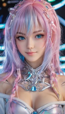 1girl,solo,long hair,breasts,looking at viewer,smile,bangs,blue eyes,hair ornament,dress,cleavage,bare shoulders,medium breasts,closed mouth,upper body,pink hair,braid,multicolored hair,artist name,blurry,two-tone hair,lips,streaked hair,eyelashes,makeup,blurry background,gem,portrait,realistic,nose,blue hair,gradient hair