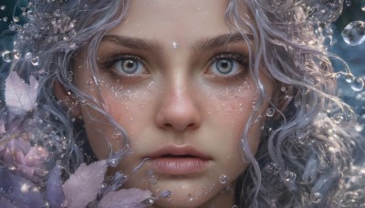 1girl,solo,long hair,looking at viewer,closed mouth,flower,grey hair,water,blurry,lips,grey eyes,eyelashes,wavy hair,feathers,portrait,close-up,freckles,bubble,water drop,realistic,nose,air bubble,jewelry,green eyes,parted lips,floating hair,underwater