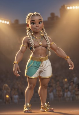 1girl,solo,long hair,breasts,looking at viewer,smile,hair ornament,navel,brown eyes,jewelry,standing,full body,braid,earrings,small breasts,shorts,solo focus,dark skin,necklace,blurry,twin braids,bracelet,dark-skinned female,lips,fingernails,muscular,toes,blurry background,topless,abs,sandals,thick eyebrows,armlet,toned,nose,anklet,muscular female,dancing,hair censor,hair over breasts,crowd,very dark skin,brown hair,medium breasts,nipples,mole,piercing,mole under mouth,toenails,public indecency