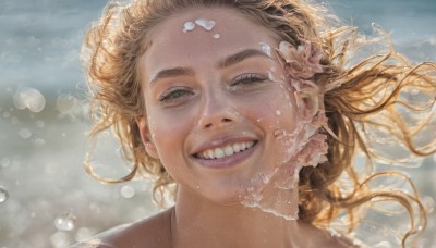 1girl,solo,long hair,looking at viewer,smile,blonde hair,brown hair,hair ornament,green eyes,flower,teeth,hair flower,water,grin,blurry,lips,floating hair,half-closed eyes,portrait,bubble,underwater,realistic,nose,air bubble,open mouth,artist name,eyelashes,depth of field,blurry background