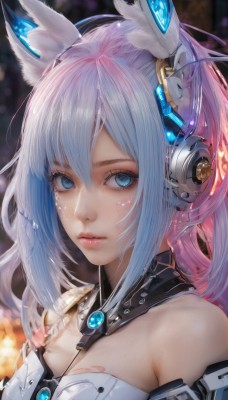 1girl,solo,long hair,breasts,looking at viewer,bangs,blue eyes,animal ears,cleavage,hair between eyes,bare shoulders,medium breasts,closed mouth,blue hair,upper body,ponytail,multicolored hair,cat ears,blurry,lips,fox ears,eyelashes,detached collar,depth of field,headgear,headphones,portrait,nose,pink hair,sidelocks,artist name,gradient hair,blurry background,facial mark,expressionless,close-up,pink lips,realistic