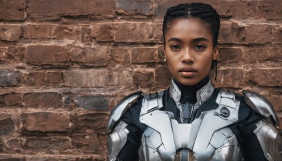 1girl,solo,looking at viewer,short hair,black hair,upper body,dark skin,armor,black eyes,dark-skinned female,lips,bodysuit,shoulder armor,pauldrons,breastplate,realistic,nose,wall,brick wall,very dark skin,brown eyes,dark-skinned male,science fiction,very short hair