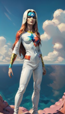 1girl,solo,long hair,breasts,looking at viewer,blue eyes,brown hair,medium breasts,standing,full body,outdoors,sky,day,cloud,nail polish,orange hair,blue sky,lips,bodysuit,makeup,ocean,cloudy sky,lipstick,goggles,skin tight,goggles on head,nose,red lips,bracer,white bodysuit,superhero,blonde hair,boots,cosplay,covered navel,headband,horizon,star print