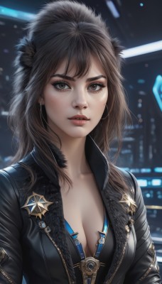 1girl,solo,long hair,breasts,looking at viewer,bangs,brown hair,cleavage,brown eyes,jewelry,medium breasts,underwear,collarbone,jacket,upper body,earrings,parted lips,open clothes,artist name,signature,bra,blurry,lips,black jacket,fur trim,eyelashes,night,blurry background,zipper,freckles,hoop earrings,realistic,nose,unzipped,leather,hood,mole,mole under eye,makeup,thick eyebrows,leather jacket