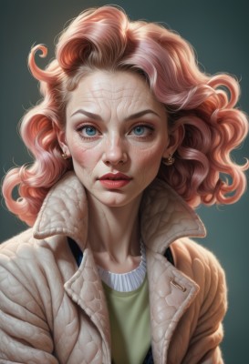 1girl,solo,long hair,looking at viewer,short hair,blue eyes,simple background,brown hair,shirt,jewelry,jacket,upper body,pink hair,red hair,earrings,parted lips,open clothes,lips,coat,eyelashes,makeup,lipstick,portrait,freckles,veins,green background,curly hair,realistic,nose,green shirt,red lips,artist name,orange hair,watermark,wavy hair,web address,eyeshadow,eyeliner,mascara