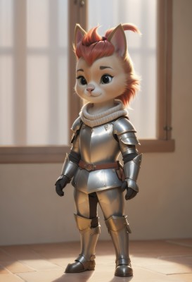 1girl,solo,looking at viewer,smile,short hair,hair ornament,gloves,animal ears,brown eyes,closed mouth,standing,tail,full body,red hair,boots,black gloves,shiny,belt,pants,artist name,indoors,cat ears,signature,orange hair,armor,blurry,black eyes,flat chest,grey eyes,window,:3,blurry background,watermark,happy,shoulder armor,gauntlets,child,furry,clenched hands,pauldrons,pouch,breastplate,furry female,arms at sides,female child,armored boots,body fur,greaves,white fur,faulds,animal nose,topknot,snout,plate armor,cat girl,backlighting,brown pants,whiskers,brown fur