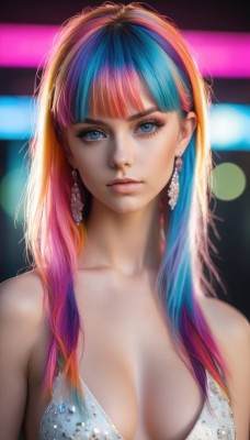 1girl,solo,long hair,breasts,looking at viewer,bangs,blue eyes,dress,cleavage,bare shoulders,jewelry,medium breasts,closed mouth,blue hair,collarbone,upper body,pink hair,multicolored hair,earrings,blunt bangs,blurry,two-tone hair,lips,eyelashes,makeup,blurry background,halterneck,breasts apart,eyeshadow,realistic,nose,bokeh,mascara,rainbow hair,swimsuit,bikini,artist name,gradient hair,watermark,web address,pink lips,eyeliner