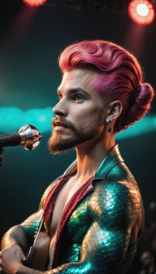 solo,blue eyes,1boy,jewelry,upper body,pink hair,male focus,red hair,earrings,open clothes,hair bun,blurry,from side,lips,blurry background,facial hair,single hair bun,microphone,beard,realistic,nose,mustache,holding microphone,short hair,open jacket,tattoo,makeup,scar,music,scales,manly,singing,stage lights