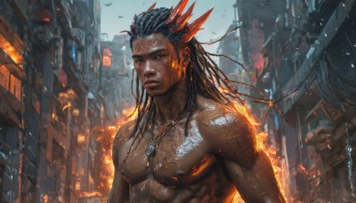 solo,long hair,looking at viewer,black hair,1boy,jewelry,nipples,upper body,male focus,outdoors,parted lips,horns,teeth,dark skin,necklace,lips,tattoo,muscular,bird,abs,dark-skinned male,fire,feathers,pectorals,muscular male,building,topless male,city,realistic,arm tattoo,manly,hair slicked back,embers,dreadlocks,closed mouth,day,artist name,glowing,scar,facial mark