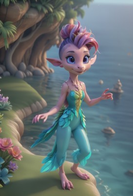 1girl,solo,breasts,smile,short hair,blue eyes,hair ornament,cleavage,bare shoulders,jewelry,closed mouth,standing,purple eyes,collarbone,full body,purple hair,flower,sweat,small breasts,outdoors,barefoot,day,pointy ears,pants,artist name,water,necklace,hair bun,blurry,leotard,tree,fingernails,depth of field,blurry background,colored skin,ocean,leaf,single hair bun,monster girl,furry,pink flower,rock,purple flower,furry female,lake,lotus,fewer digits,looking at viewer,dress,tail,pink hair,hand up,strapless,strapless dress,claws,green dress,fairy wings,fairy