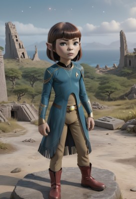 1girl,solo,breasts,looking at viewer,short hair,bangs,blue eyes,brown hair,long sleeves,closed mouth,standing,full body,small breasts,boots,outdoors,sky,day,pointy ears,belt,pants,cloud,blunt bangs,blue sky,lips,shadow,ocean,brown footwear,bob cut,grass,elf,red footwear,star (sky),rock,brown pants,tree,night,child