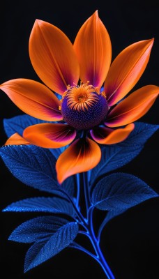 simple background,flower,signature,no humans,leaf,plant,black background,bouquet,purple flower,orange flower,still life,red flower,blue flower,morning glory